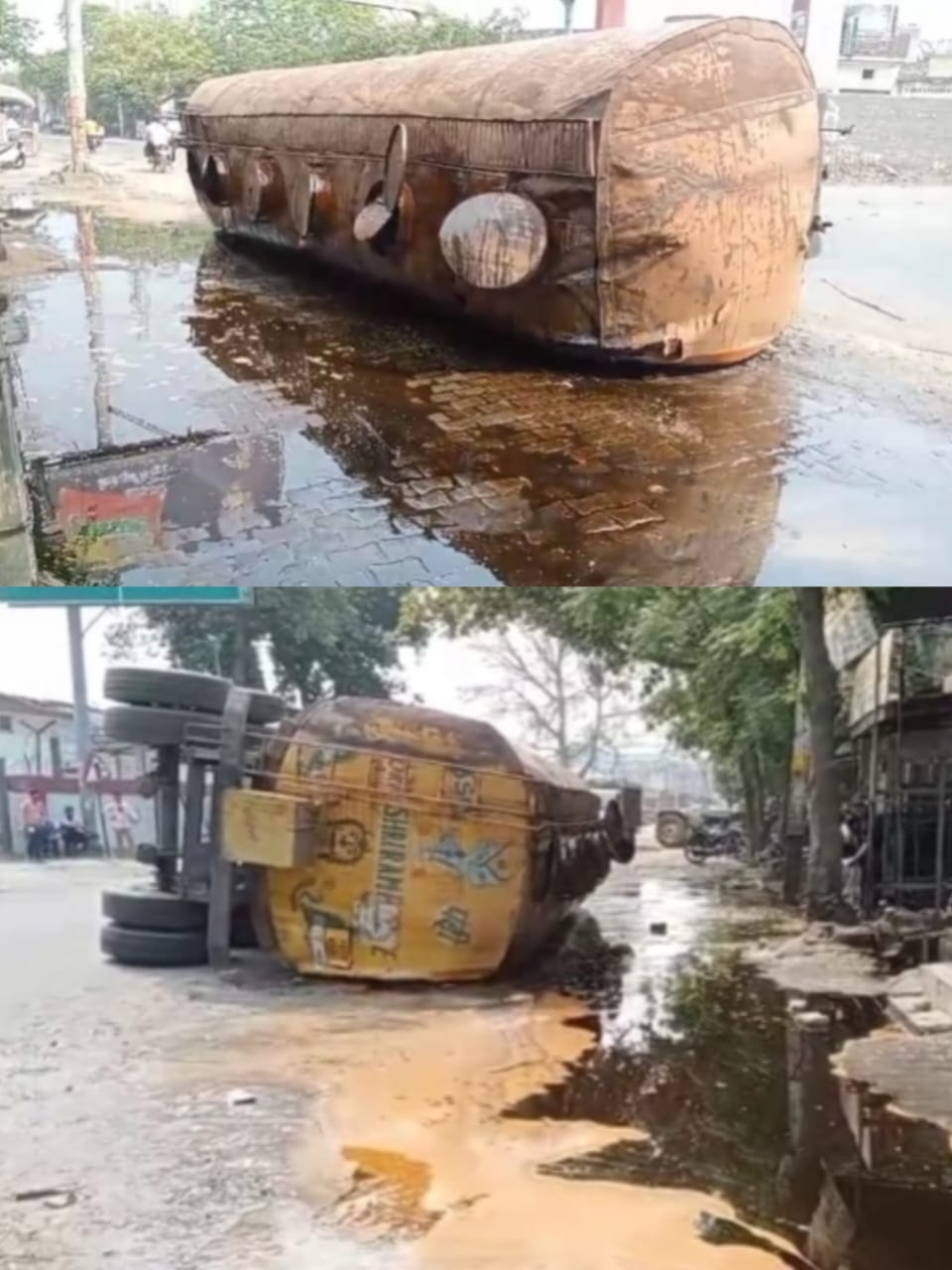मवाना मिल रोड स्थित मां भद्रकाली गेट पर मंगलवार रात सीरे से भरा टैंकर सड़क पर पलटा :