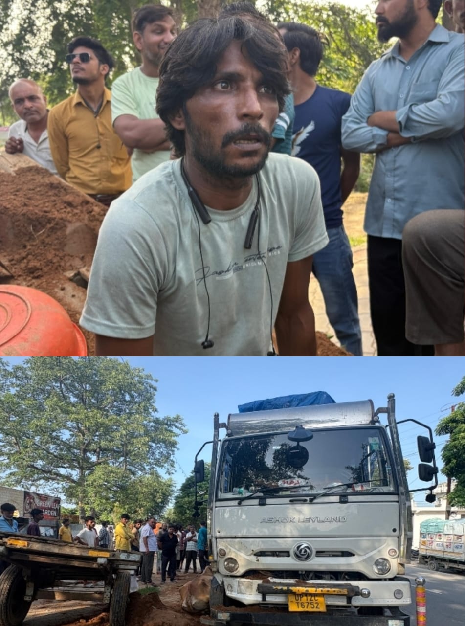 बेकाबू हुऐ ट्रक ने मिट्टी भरी बैलगाड़ी में मारी टक्कर बैलगाड़ी सवार युवक की बची जान :