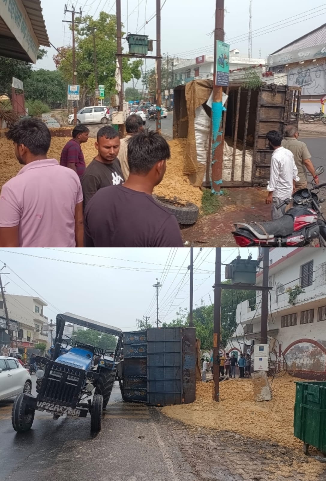 जैक फेल होने से सड़क किनारे पलटा चारे से भरा ट्रॉला, बड़ा हादसा टला :